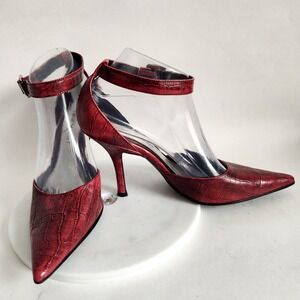Nine West Heels Size 7 Y2K 90s Pointy Toe Ankle Strap Red Croc Embossed Leather